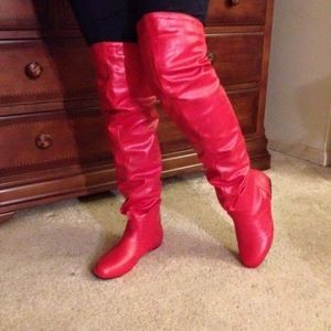 Red faux-leather over-the-knee  boots